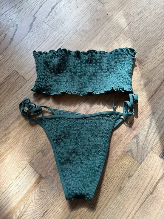 PacSun Dark Green Smocked Bandeau Bikini Set - Picture 4 of 6